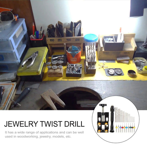 Workshop table with tools and Hand Drill Kit For Jewelry Making And Woodworking Rotary Drill With Twist Bits Vise and PCB Drill Bits