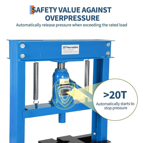 Badass 20 Ton Heavy Duty Hydraulic Press H Frame Garage Shop Beast With Height Adjustable Worktable For Precision Metalworking Auto Repair Built Tough Industrial Grade safety valve against overpressure feature highlighted.