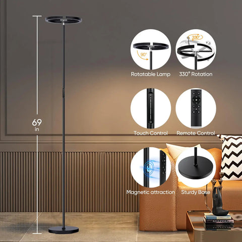 Rotatable LED Floor Lamp With Touch And Remote Control, 3000K–6000K Dimmable 22W No-Fuss Modern Standing Reading Light, features detail