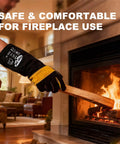 16 Inch Extreme Heat Resistant Leather Welding Gloves With Kevlar Reinforcement And Double Stitching For Mig Tig Stick Welding, Forge, Bbq, Grill, Fireplace, Wood Stove, Furnace, Oven And Safe, Loving Pet Care in use near fireplace
