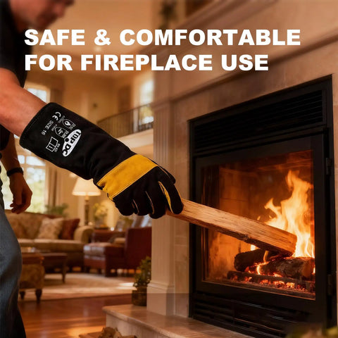 16 Inch Extreme Heat Resistant Leather Welding Gloves With Kevlar Reinforcement And Double Stitching For Mig Tig Stick Welding, Forge, Bbq, Grill, Fireplace, Wood Stove, Furnace, Oven And Safe, Loving Pet Care in use near fireplace