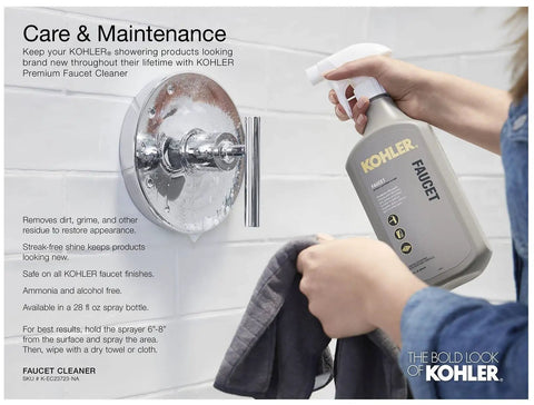Person cleaning a chrome shower handle with Kohler faucet cleaner to maintain a Bancroft Wall Mount Supply Elbow With Check Valve Backflow Prevention.