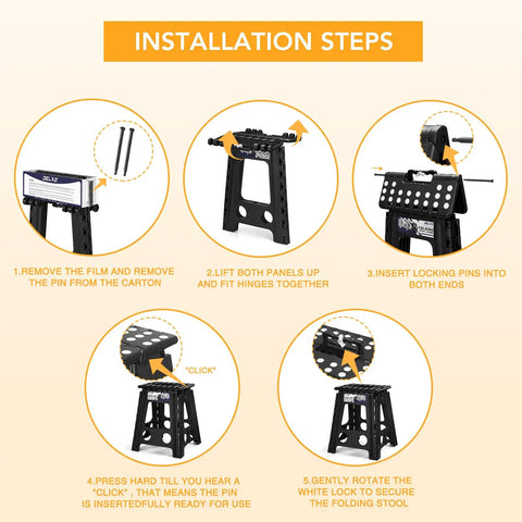 Installation steps for 16 Inch Folding Step Stool for Home and Apartment Use with diagrams showing assembly process