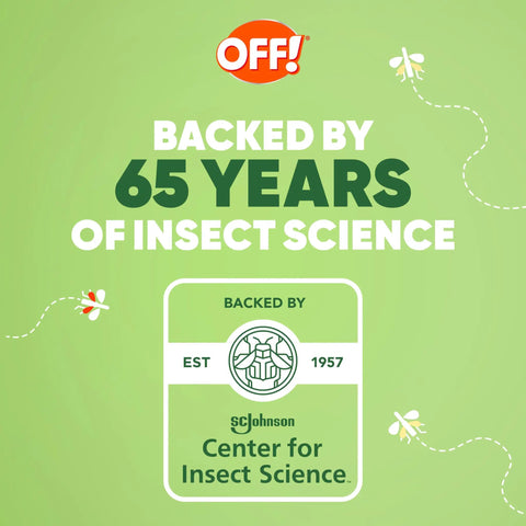 Logo with 65 years of insect science, highlighting SC Johnson Center for Insect Science, promotional image for Insect Repellent Aerosol With Dry Non Greasy Formula And 25 Percent DEET For Long Lasting Mosquito And Tick Protection Go To Four Oz Cans Pack Of 2 Outdoor Bug Spray For Camping And Hiking.
