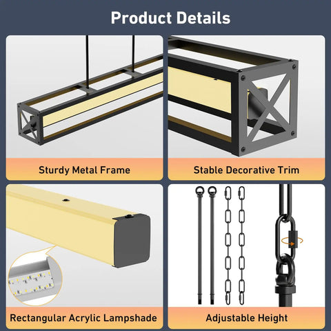 Industrial Farmhouse Kitchen Island Lighting 39.4 Inch Black Rectangular Pendant Fixture with LED, metal frame, and adjustable height