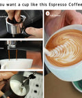 Steps of making espresso with foam and latte art, showing filling powder, extraction, milk foaming, and pouring flower design.