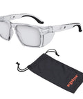 Sixteen Safety Glasses With Integrated Side Shields And Slick Anti Fog Lens That Handles Every Blue Collar Grind Features Ansi Certified Impact Protection And Includes A Microfiber Wipe For Keeping Your Eyewear Spotless After Long Shift Days, displayed with black microfiber pouch.