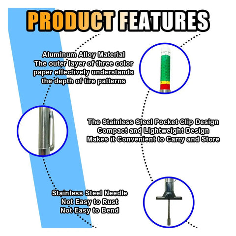 Product features of Color Coded Tire Tread Depth Gauge Set 2 Pack Professional Tire Depth Meter Tool, aluminum body, steel clip and needle.