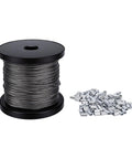 1.5mm 304 Stainless Wire Rope 100m Kit With 100 Aluminum Crimping Sleeves for outdoor hanging and garage setup.