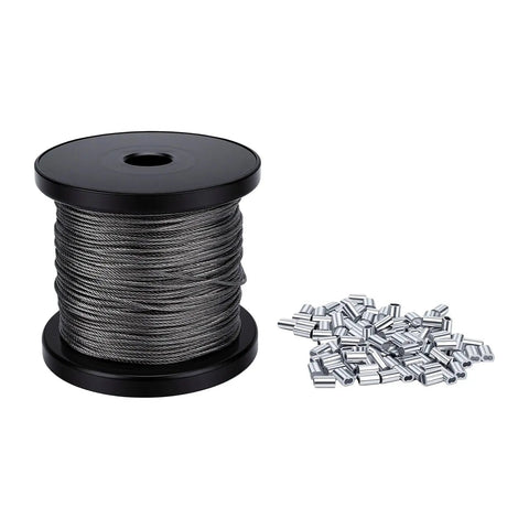 1.5mm 304 Stainless Wire Rope 100m Kit With 100 Aluminum Crimping Sleeves for outdoor hanging and garage setup.