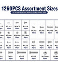 1260 Piece Small Stainless Steel Nuts And Bolts Assortment Kit showing various sizes and types of screws and nuts organized in a tray.