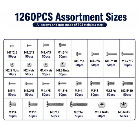 1260 Piece Small Stainless Steel Nuts And Bolts Assortment Kit showing various sizes and types of screws and nuts organized in a tray.