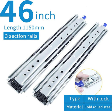 Heavy Duty Three Section Drawer Slides Thickened Steel Full Extension Cabinet Rails Built Tough with locking mechanism