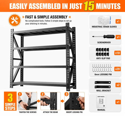 Beefy Heavy Duty Industrial Shelving Unit 71 Inch Wide 24 Inch Deep 69 Inch High 4 Tier Adjustable Metal Storage For Garage Warehouse Basement Shop And Office Commercial Grade, assembled black steel rack