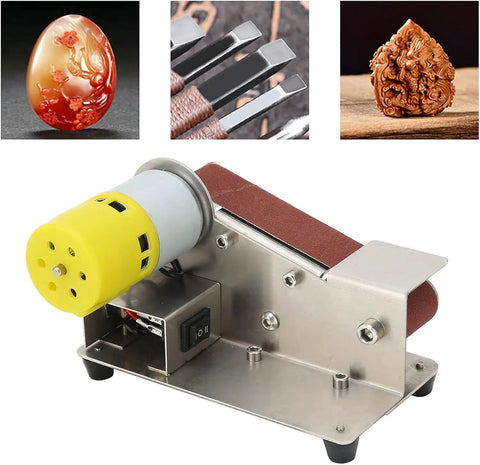 Pro 200W Mini Belt Sander Electric Polishing Grinder With Aluminum Alloy Frame, Micro Knife Sharpener And Diy Bench Sanding Tool For Metal And Wood Projects, Includes 10 Sanding Belts For Reliable Performance on a workbench.