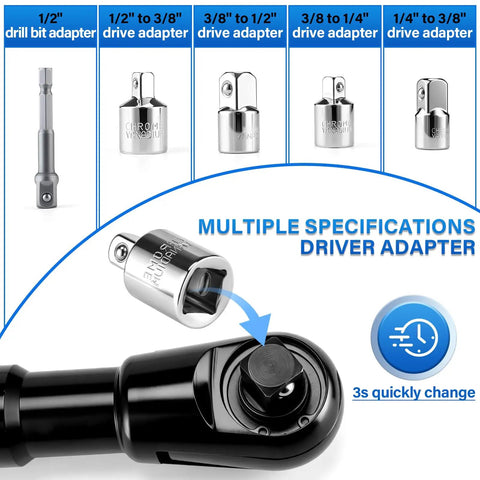 1/2 Inch Offset Extension Wrench Impact Rated Ratchet Adapter For Electric Drill showing multiple drive adapters for various specifications.