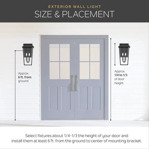 Outdoor Wall Light With Opal Etched Glass In Anvil Iron Finish placement guide next to double doors, showing height recommendations.