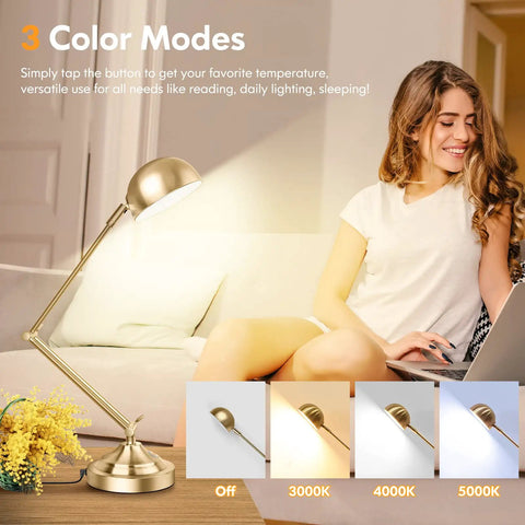 Brass Vintage Desk Lamp With USB Port, Dimmable Touch Control, 3 Color Modes, illuminating a living room scene