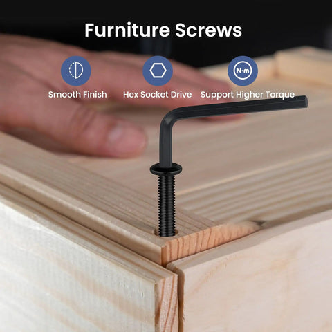 Hand using hex wrench with M6 1.0 x 35mm flat head hex socket cap screw on wood, showcasing smooth finish and hex drive.
