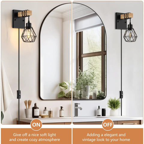 Killer Plug In Wall Sconces Set Of Two With Vintage Wood Accents And Matte Black Bases serving soft light in a modern bathroom.