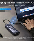 Blazing Fast M.2 Nvme And Sata Ssd Enclosure connected to a laptop, showcasing 20Gbps transfer speed in use.