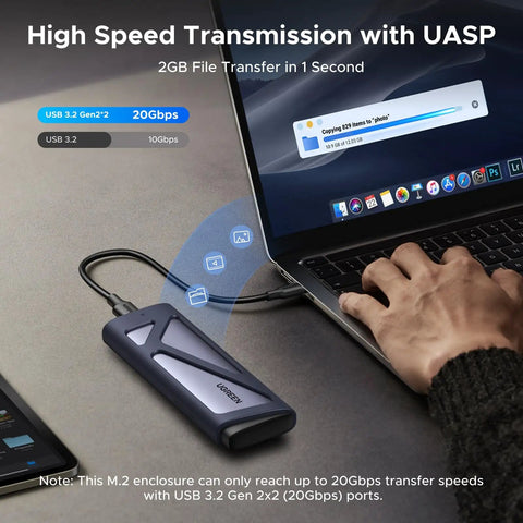 Blazing Fast M.2 Nvme And Sata Ssd Enclosure connected to a laptop, showcasing 20Gbps transfer speed in use.