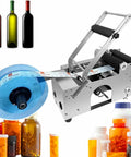 Semi Automatic Round Bottle Labeler Machine With Adjustable Platform And Pressure Bar fits various containers, showing operation with labels.