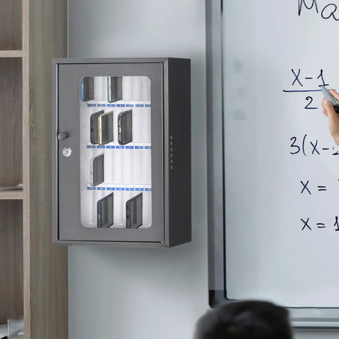 Built Tough Thirty Six Slot Cell Phone Locker Wall Mount With Matched Key Lock And Soft Inner Padding Black Steel Alloy for secure phone storage.