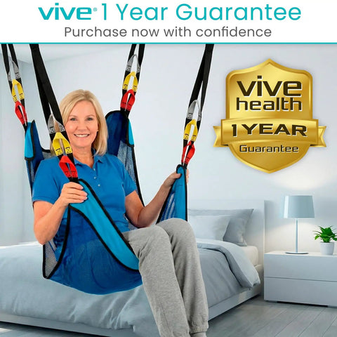 Vive Light Transfer Sling For Showering And Home Care, durable mesh patient lift with four points, user seated comfortably.
