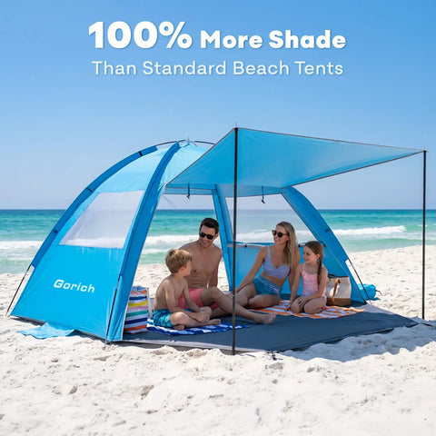 Family under beach tent sun shelter with canopy that pops up in minutes, UPF 50 UV protection, enjoying beach day shade
