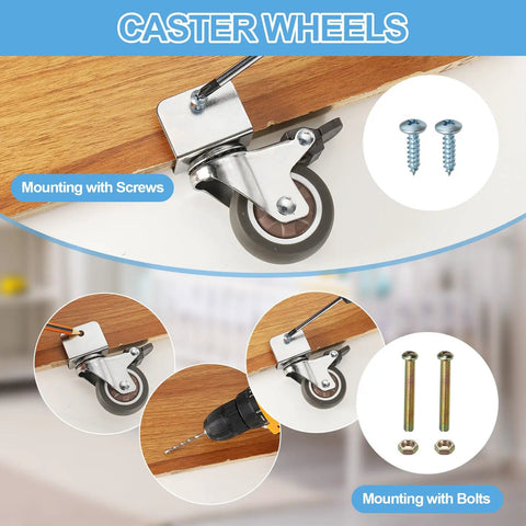 Image showing Beefy 2 Inch Caster Wheel Set 4 Pack With 2 Brakes And 2 Swivel Casters, screws and bolts for mounting.