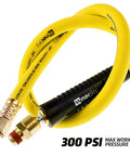 Top Shelf Heavy Duty Air Compressor Hose 30 Feet Long 1/4 Inch Diameter 300 Psi Max With Solid Brass Ball Swivel Fittings, yellow rubber hose with brass fittings.