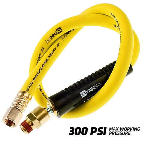 Top Shelf Heavy Duty Air Compressor Hose 30 Feet Long 1/4 Inch Diameter 300 Psi Max With Solid Brass Ball Swivel Fittings, yellow rubber hose with brass fittings.