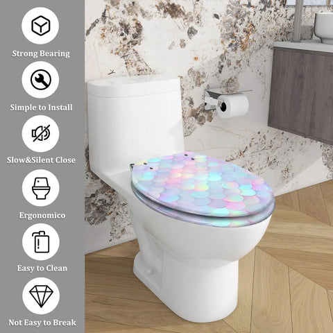 Elongated Resin Toilet Seat for Bathroom on a toilet, featuring a colorful design, easy to clean, and ergonomic shape.