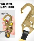 Close-up of steel snap hooks on Rope Harness Safety Lanyard for Roof and Tree Climbing, featuring strength lock switch.