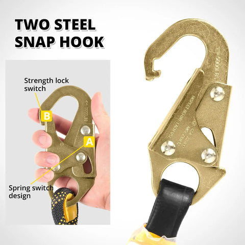 Close-up of steel snap hooks on Rope Harness Safety Lanyard for Roof and Tree Climbing, featuring strength lock switch.