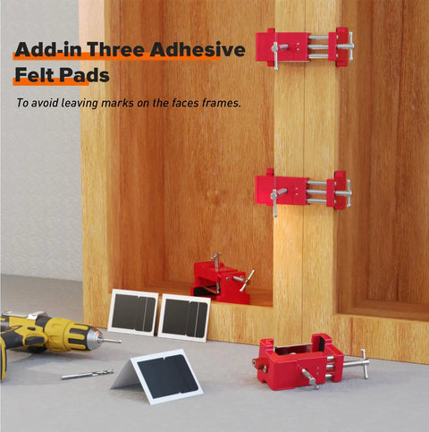Heavy Duty Cabinet Clamps For Face Frame Cabinetry 4 Pack Red attached to wooden frames with adhesive felt pads and screws