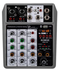 Close-up of 4 Channel Digital USB Bluetooth Audio Mixer for Recording, featuring mic line XLR and RCA inputs, controls visible.