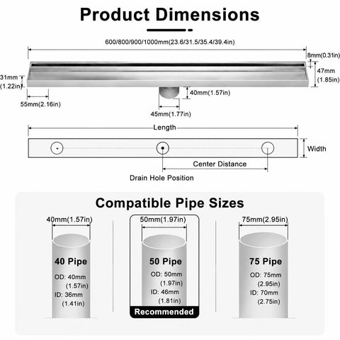 Heavy Duty Stainless Steel Linear Shower Drain With Hidden Wall Design For Sleek Bathroom Setup dimensions and compatible pipe sizes