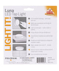 Back of Luna LED Tap Light White Battery Operated Tap On Tap Off 35 Lumens Portable Cabinet Closet Lamp packaging with product details