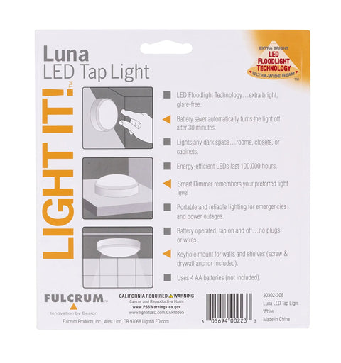 Back of Luna LED Tap Light White Battery Operated Tap On Tap Off 35 Lumens Portable Cabinet Closet Lamp packaging with product details