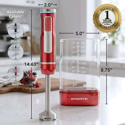 Rechargeable Cordless Hand Blender With 8 Speeds Red HR781R Portable USB C Kitchen Tool with measuring cup and dimensions.