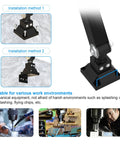 Installation diagrams of Built Tough 30W Folding Aluminum Arm Work Light for lathes and milling machines with waterproof features.