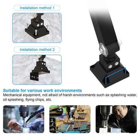 Installation diagrams of Built Tough 30W Folding Aluminum Arm Work Light for lathes and milling machines with waterproof features.