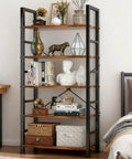 Industrial 5 Tier Bookshelf With Sturdy Metal Frame And Open Wooden Shelves Free Standing Bookcase For Living Room Bedroom And Office Heavy Duty Display Rack 62.2 Inches Tall Brown, with books and decor items on shelves