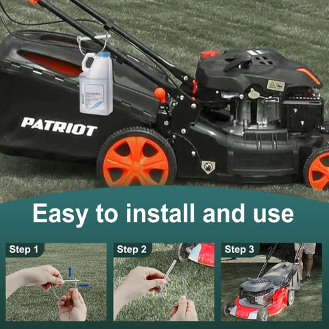 Lawn mower with PTO shaft locking pins shown in use, demonstrating easy installation on grass.