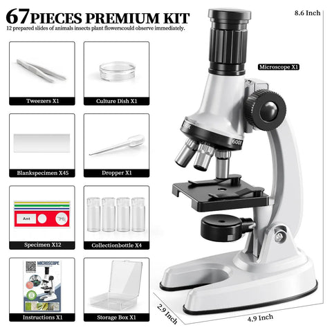 Awesome 65 Piece Kids Microscope Kit With 100X To 1200X Magnification Includes 12 Specimens 45 Blank Slides Tweezers Dropper Culture Dish Storage Box And Guide For Ages 3 To 13, silver kids microscope set