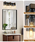 Give Your Mirror Space A Major Glow Up With This Three Bulb Bathroom Vanity Light In Matte Black And Raw Wood Grain Secured By Rock Solid Steel Mounts For Straight Up Rustic Charm, showcasing glass shades.