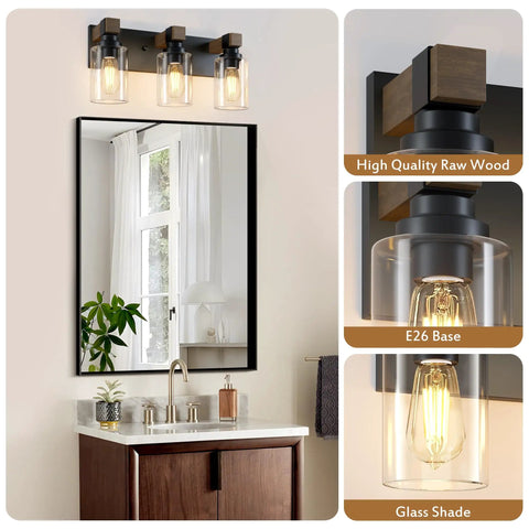Give Your Mirror Space A Major Glow Up With This Three Bulb Bathroom Vanity Light In Matte Black And Raw Wood Grain Secured By Rock Solid Steel Mounts For Straight Up Rustic Charm, showcasing glass shades.