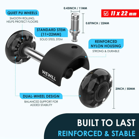 Universal Rubber Replacement Office Chair Wheels Set Of 5 Heavy Duty Caster Wheels For Computer Chairs And Desks, illustration showing components and dimensions in black.